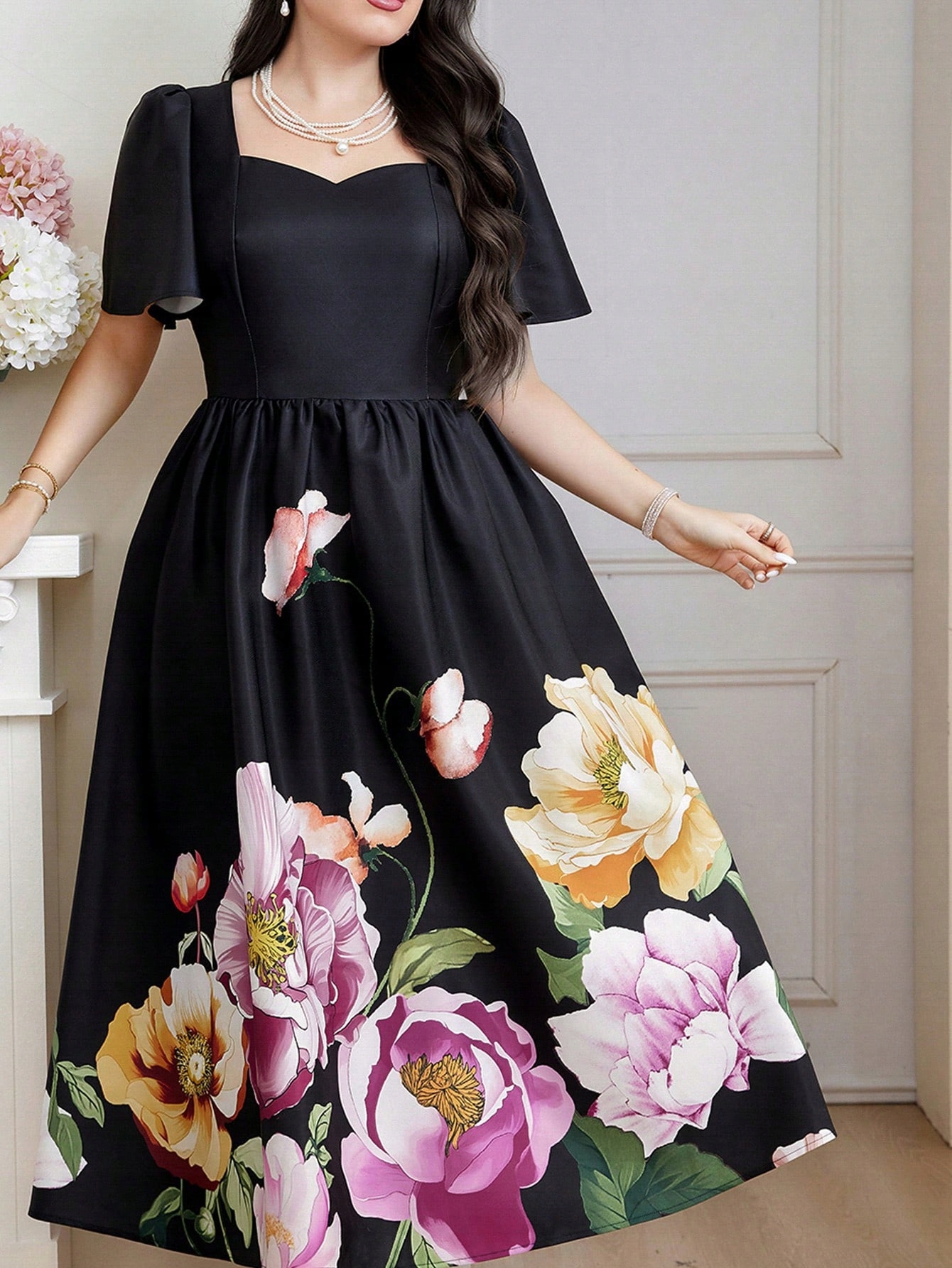 Šaty Elegantní S Květinovým Vzorem Maxi Černá Shein 3XL 46
