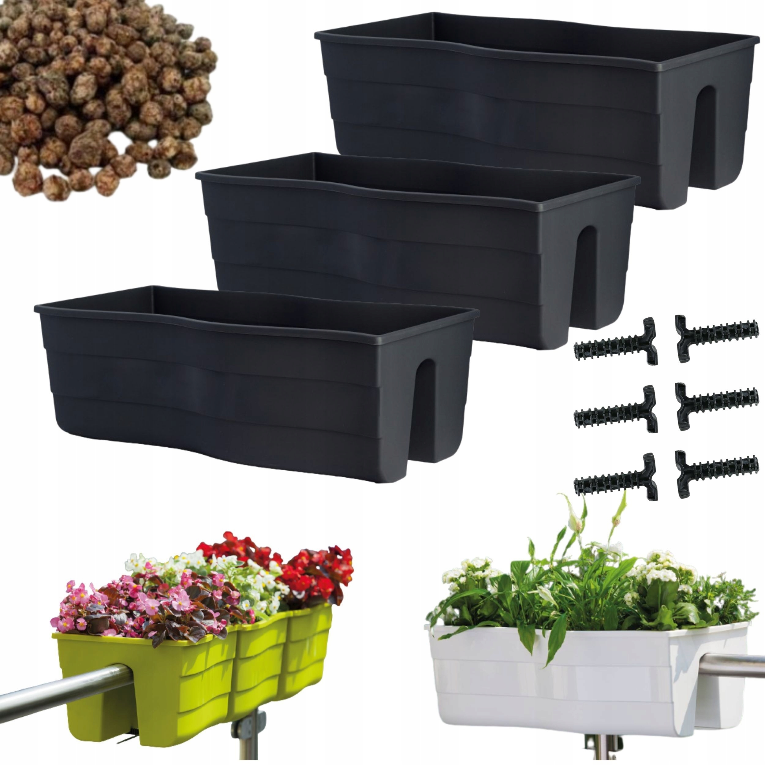 3x Skrzynka na balustradę Wave 60, Doniczka balkonowa keramzyt 5l