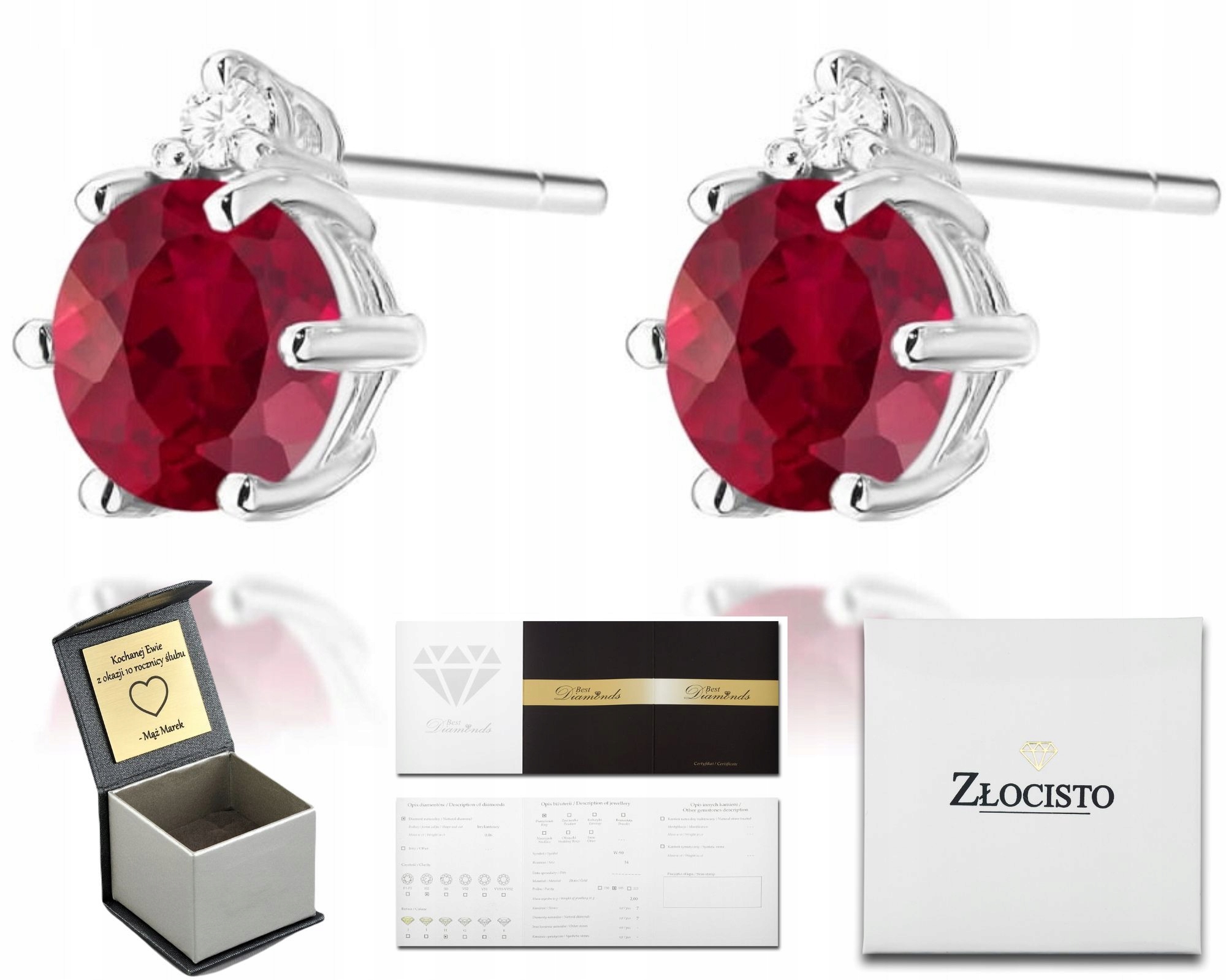 Náušnice V Bílém Zlatě S Červeným Rubínem A Diamanty – Dárek