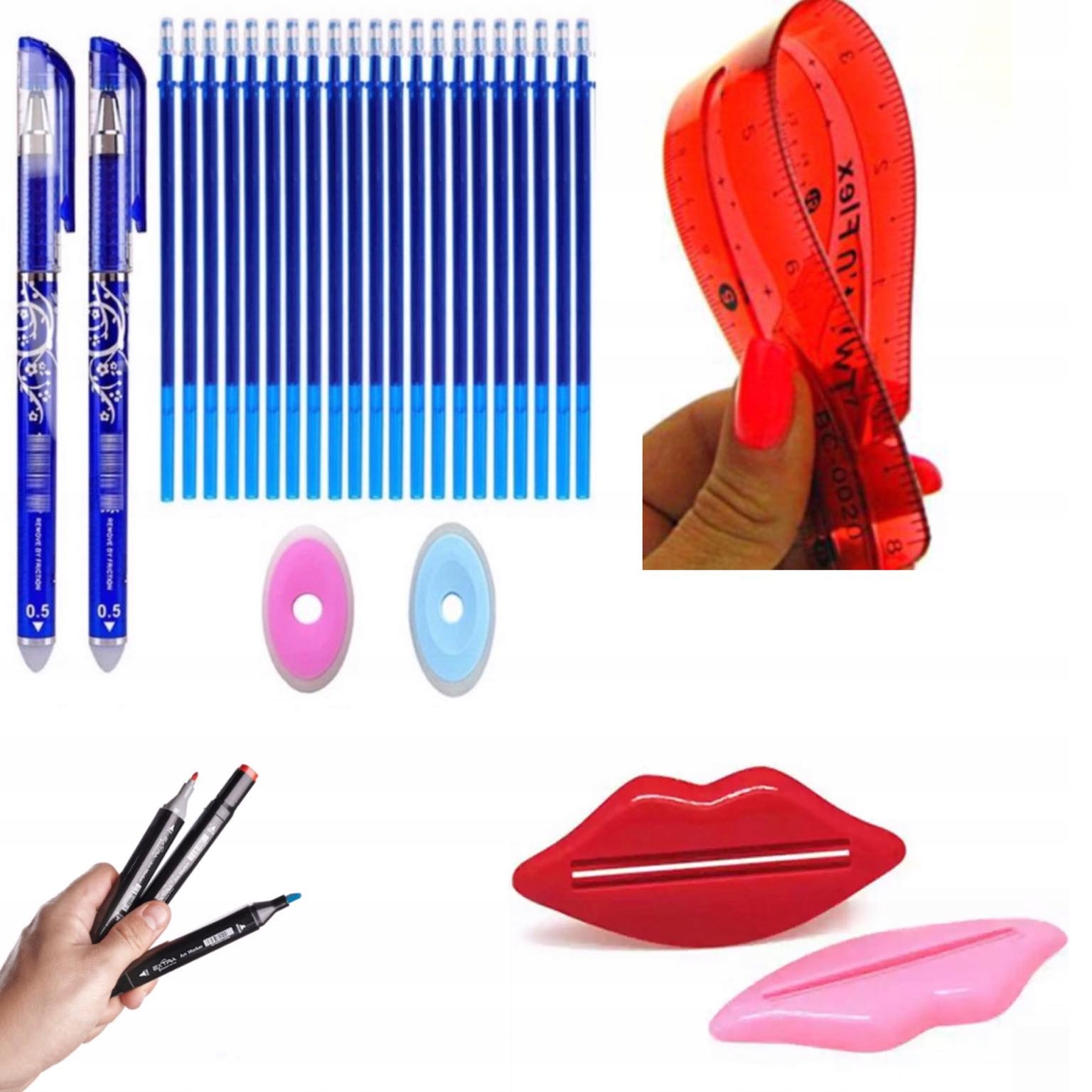 DŁUGOPIS ZMAZYWALNY 3X LINIJKA GUMKA ZESTAW SZKOLNY WYMAZYWALNY WKŁADY 30X