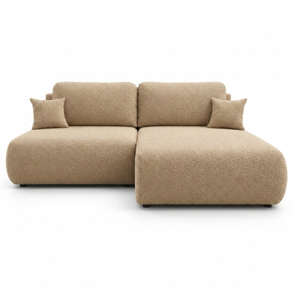 Rohová Sedací Souprava Emma s funkcí spaní, 220 cm, barva latte béžová (bouclé), úložný prostor, mechanismus DL, pravý roh