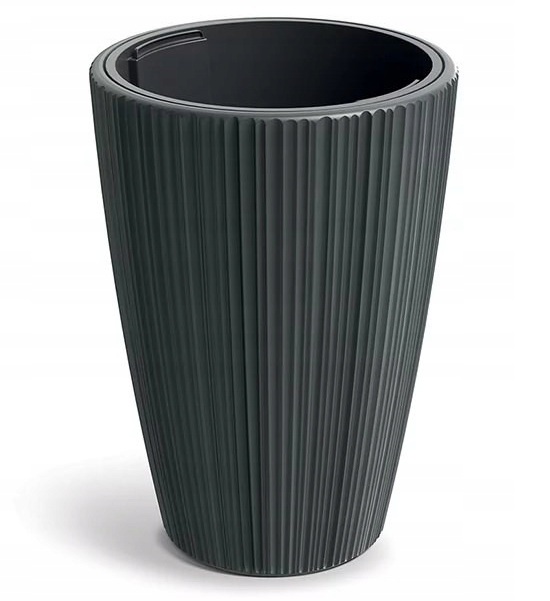 Květináč s rýhovanou vložkou, vysoký, tmavě šedý, 39 Cm