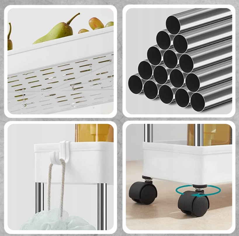 PÓŁKA ŁAZIENKOWA KUCHENNA SZAFKA NA KÓŁKACH REGAŁ 4 POZIOMOWY Z HACZYKAMI Głębokość mebla 13 cm