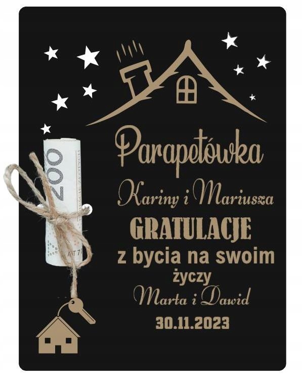 Parapetówka kartka drewniana z miejscem na gotówkę 15x21cm