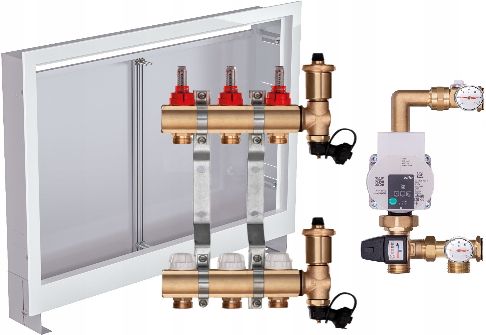 Mosazný rozdělovač pro podlahu 3 s Pumpou Wilo Podomítková Skříňka