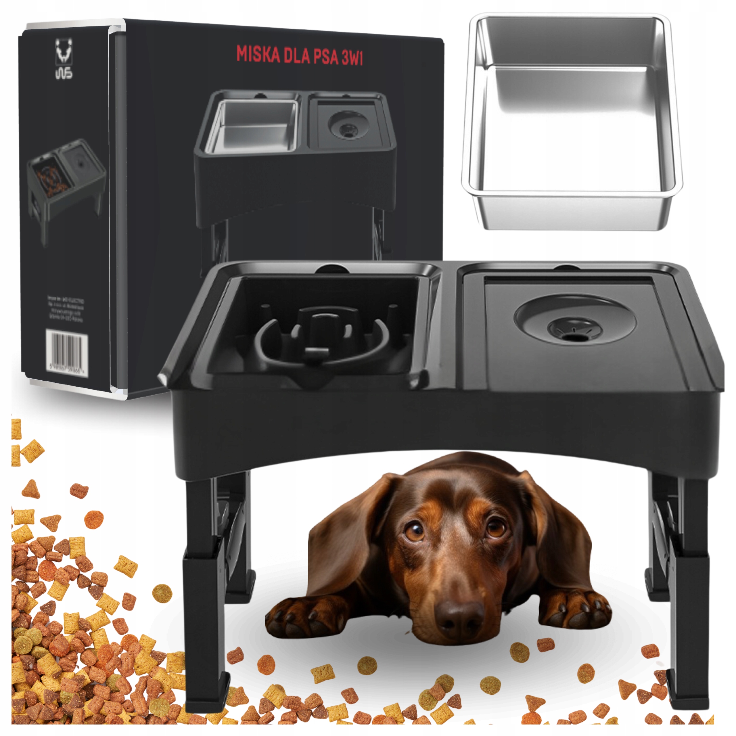 Levně Miska pro Psa na Stojanu Proti Vylévání s Nastavitelnou Výškou a Zpomalovačem Jídla 3v1