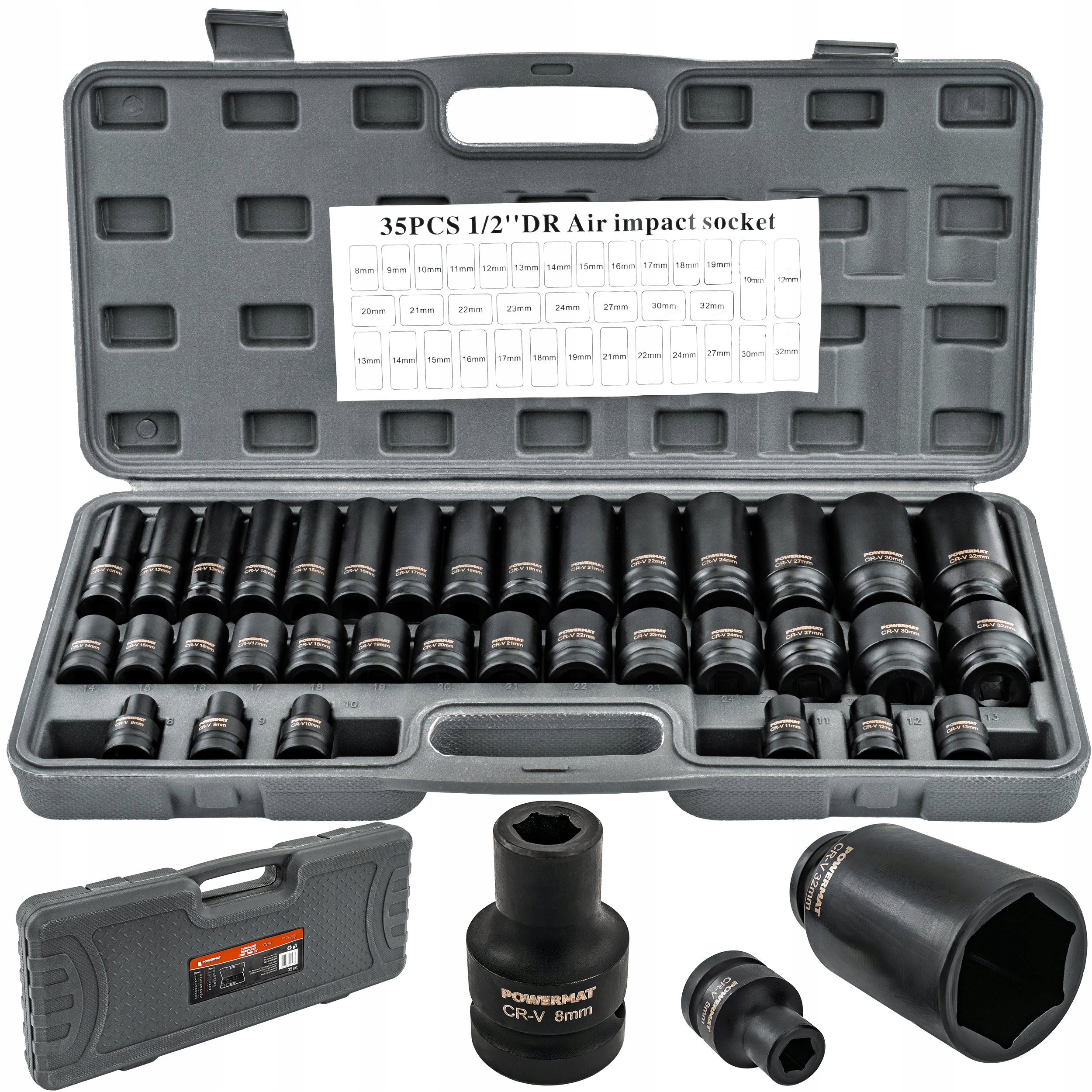 Nasadki Udarowe Hex 1/2 Cr-v 35SZT 38MM 78MM Do Klucza Udar Walizka Zestaw