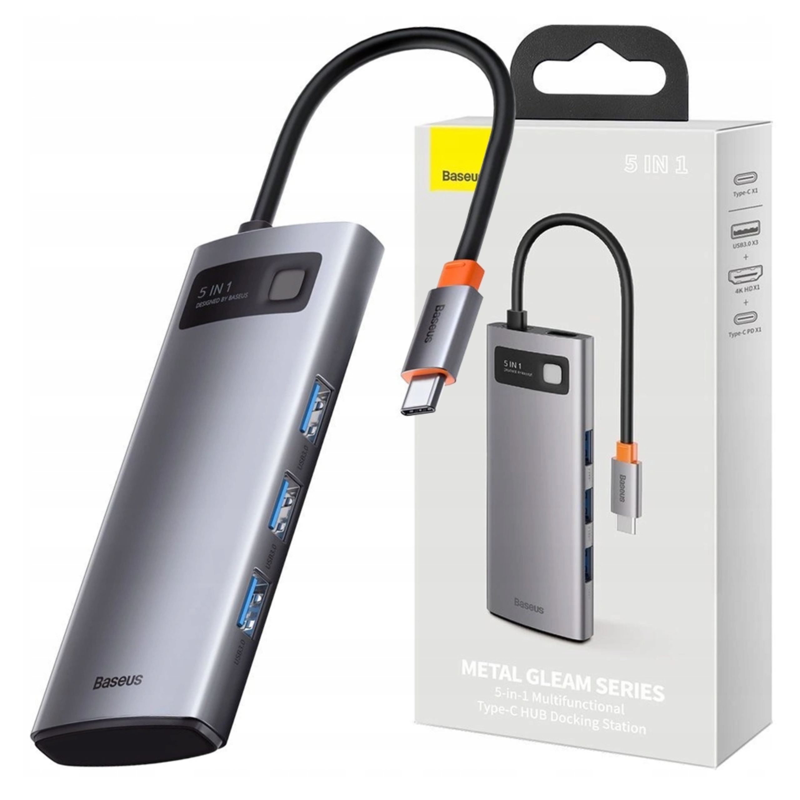 Hub 5v1 Baseus Metal Gleam Series, Usb-c na 3x Usb 3.0 Hdmi Usb-c Pd