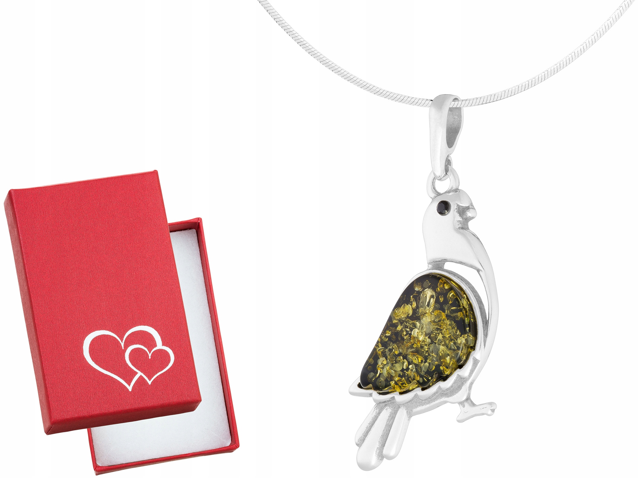 Krátký stříbrný náhrdelník s holubem a zeleným jantarem Zirkon Choker 35 cm