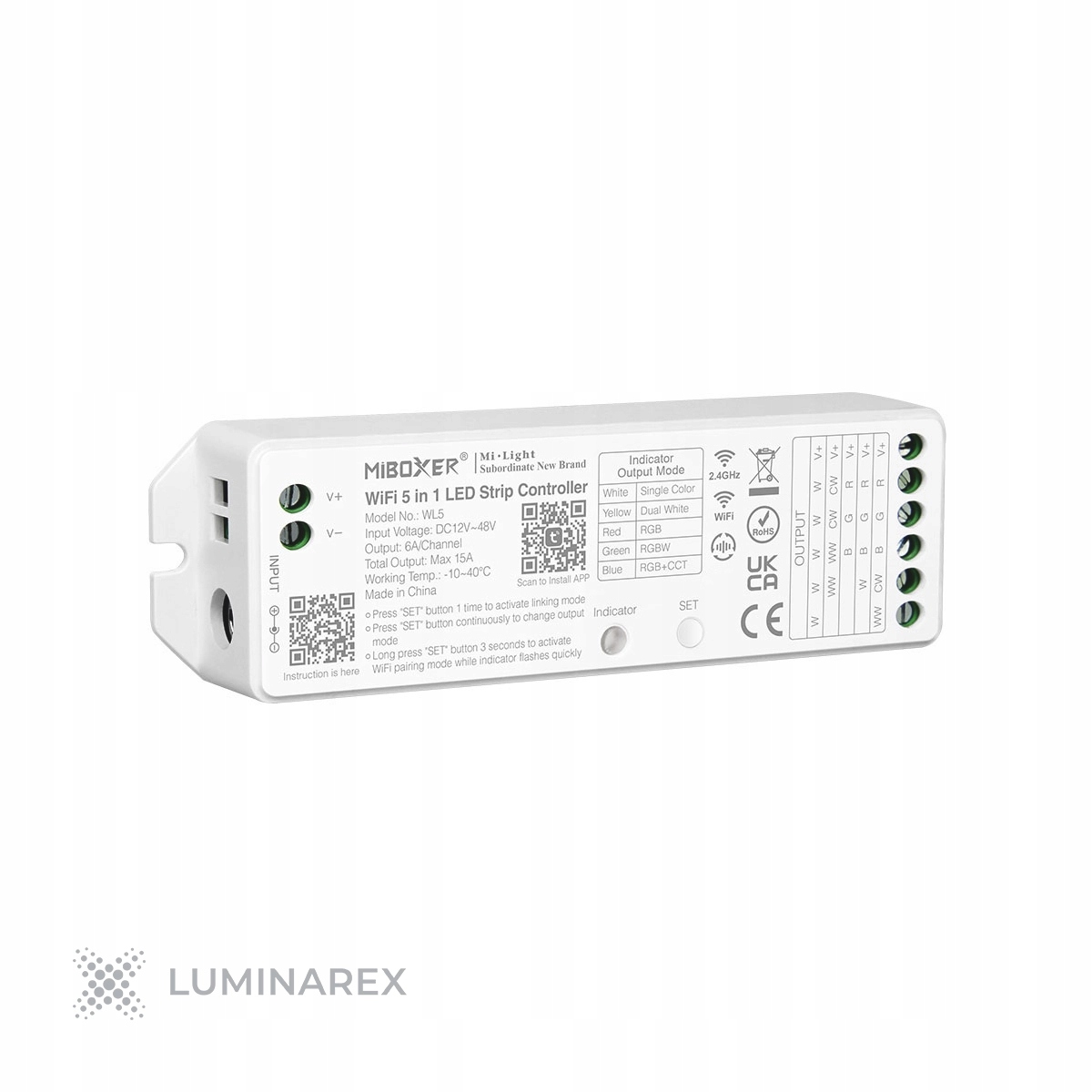 Led zónový ovladač Miboxer WL-5 (WiFi, 12-24V, 12A) pro pásky Rgb+cct
