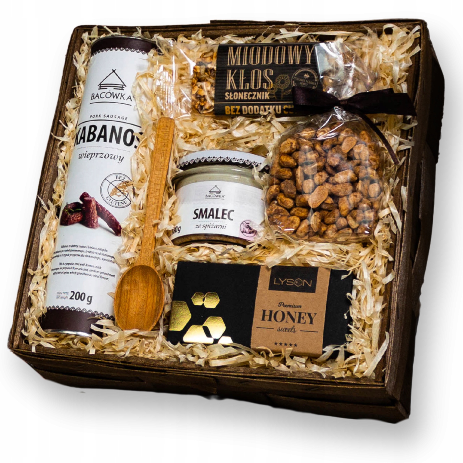 Kosz Prezentowy Dla Niego Mięsny kabanosy, smalec, krówki, baton