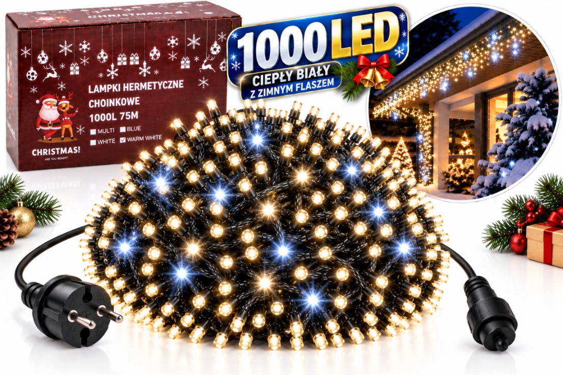 Vánoční Lampy 1000 Led 60,5 M Teplá Bílá Studená Bílá Flashová Vnější Strana