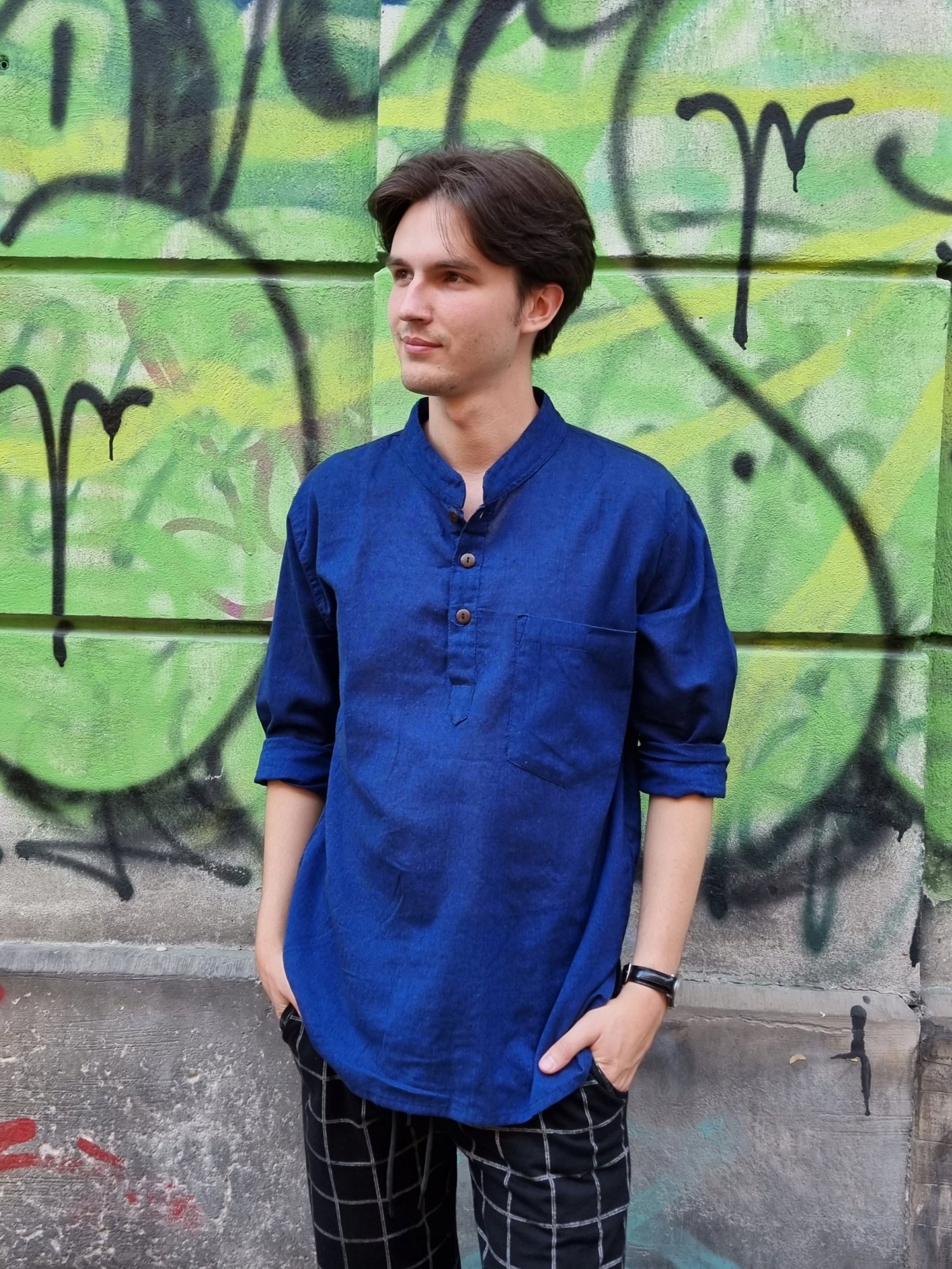 Nepálská bavlněná košile s dlouhým rukávem, Modrá, L