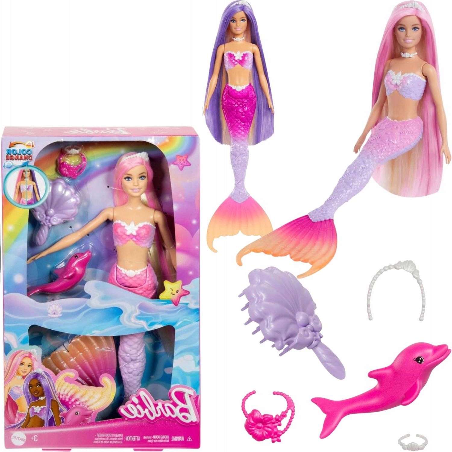 LALKA BARBIE SYRENKA Z DŁUGIMI WŁOSAMI MALIBU DELFINKIEM ZMIENIAJĄCA KOLOR