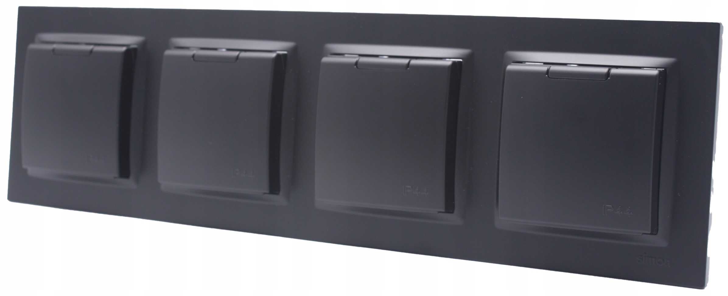 Zásuvka s klapkou do koupelny a garáže 4násobná černá sada s rámečkem Simon10