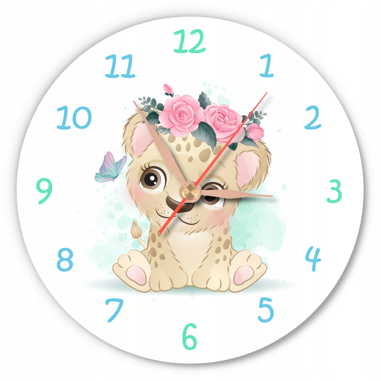 Cichy zegar ścienny dla dzieci zwierzątka gepard