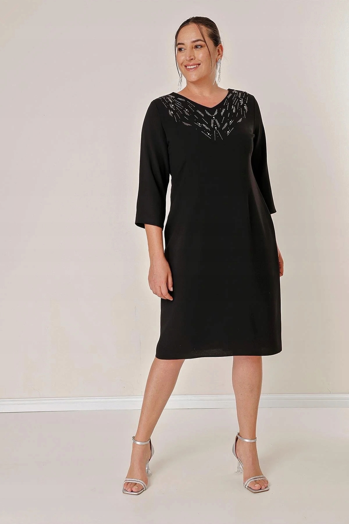 Černé Šaty S Kamínky, 3/4 Rukáv, MIDI, 2XL, 5GA