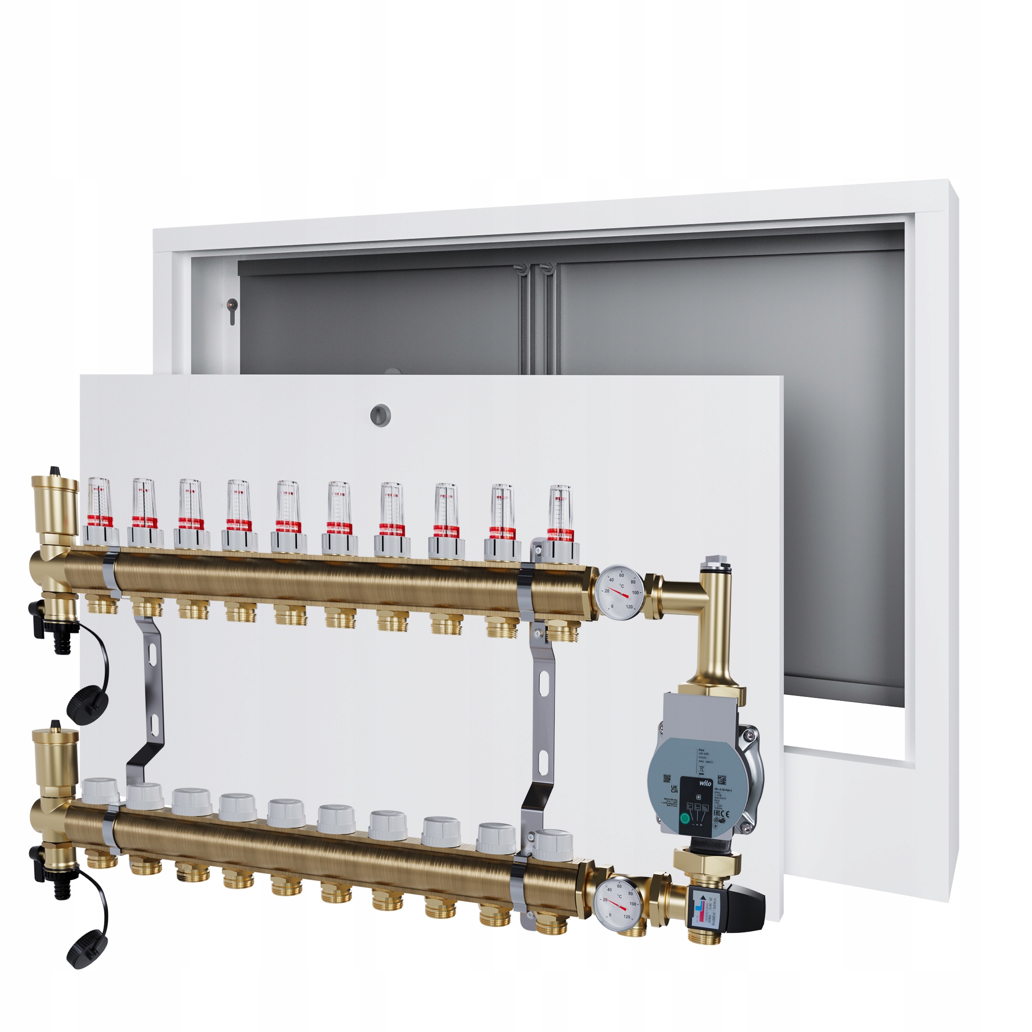 Rozdělovač pro podlahovku 11 s čerpací skupinou Wilo a nástěnným boxem