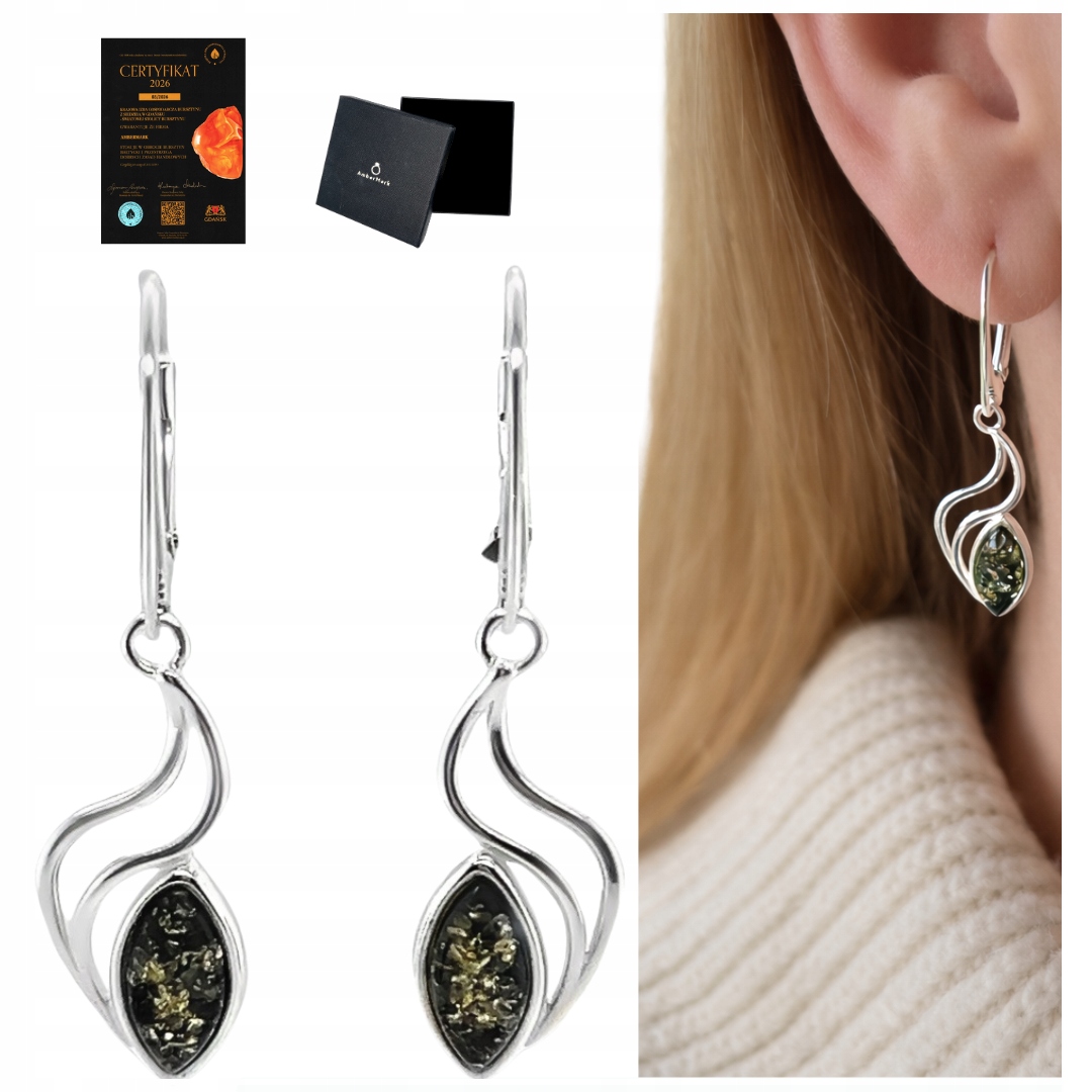 Náušnice s jantarem anglické zapínání zelené antialergické stříbro 925