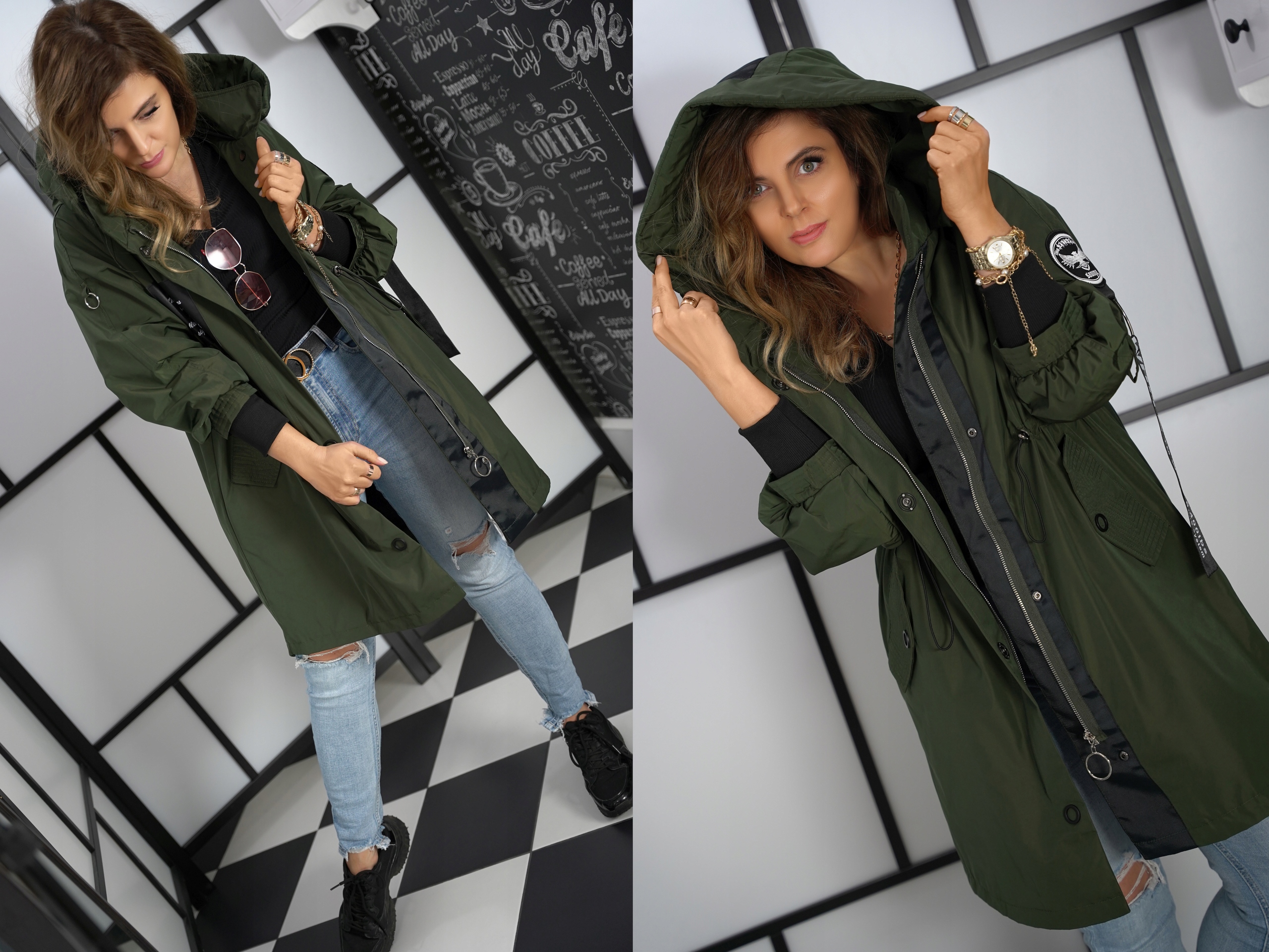 KURTKA PARKA DAMSKA z kapturem PRZEJŚCIOWA wiatrówka KHAKI XXL Model prosty