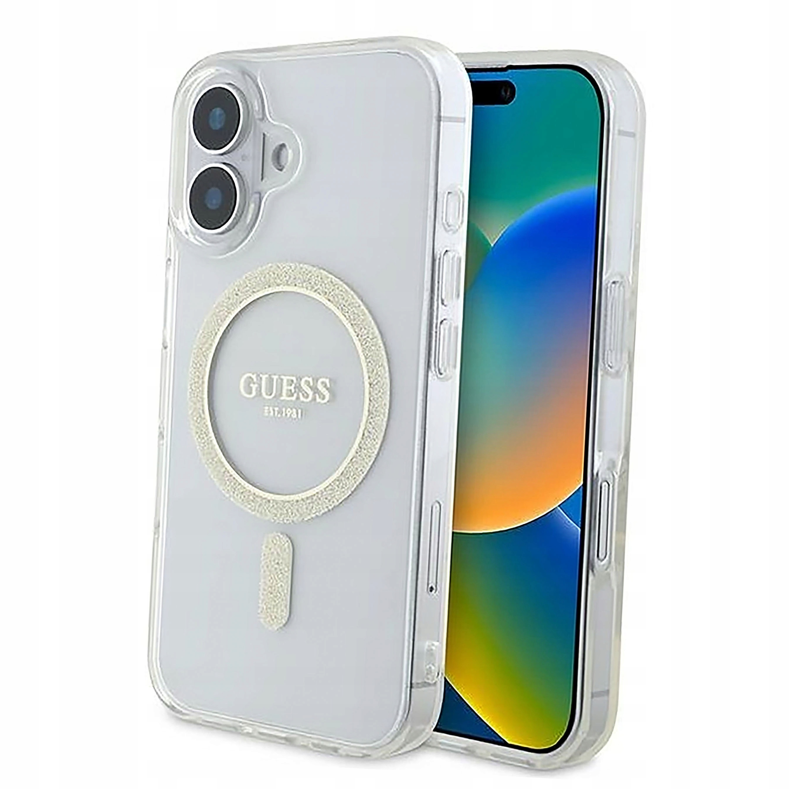 Plecki Etui Guess IML Glitter Circle MagSafe do iPhone 16 przezroczyste