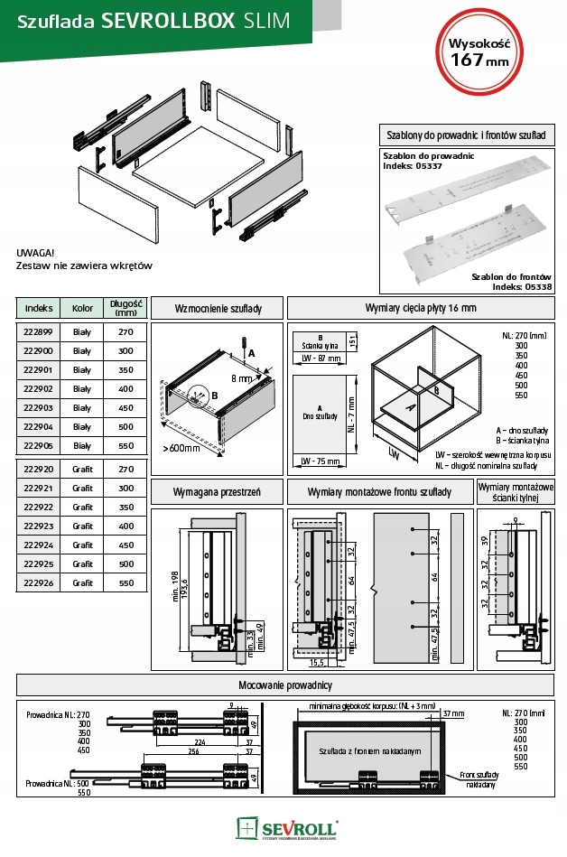 Szuflada SEVROLLBOX SLIM h=167mm biały-400mm Głębokość mebla 40 cm