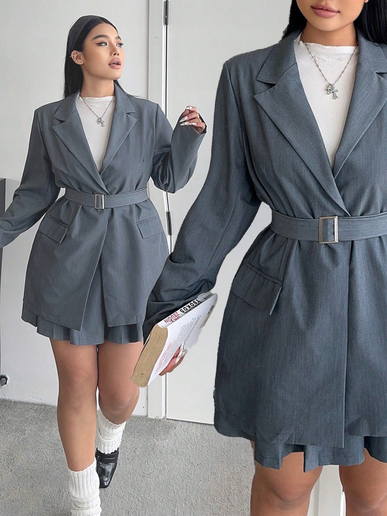 Sako elegantní šedý oblek, sako, skládaná Sukně Shein XXL