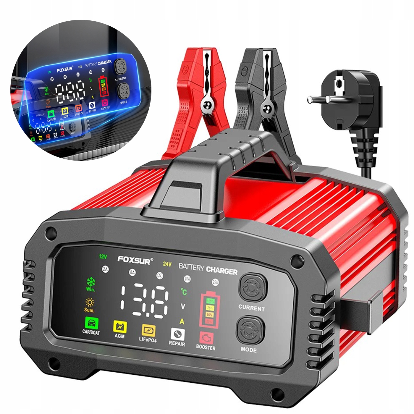 Nabíjačka akumulátorov 12V/24V Inteligentná 25A Impulzná LCD Booster
