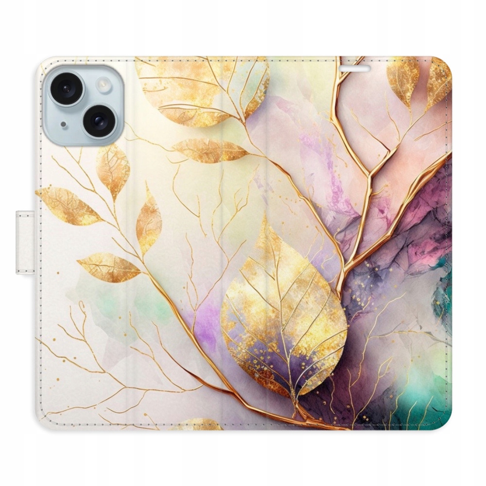 Etui z klapką iSaprio Gold Leaves 02 do iPhone 15 Plus