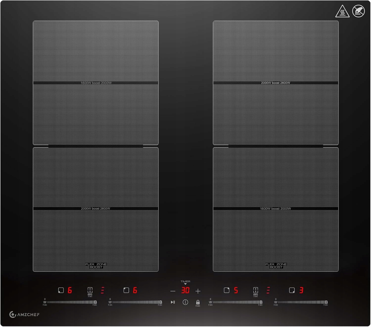 Amzchef Płyta indukcyjna 60 cm 4-strefowa 9 poziomów mocy Booster 7400 W