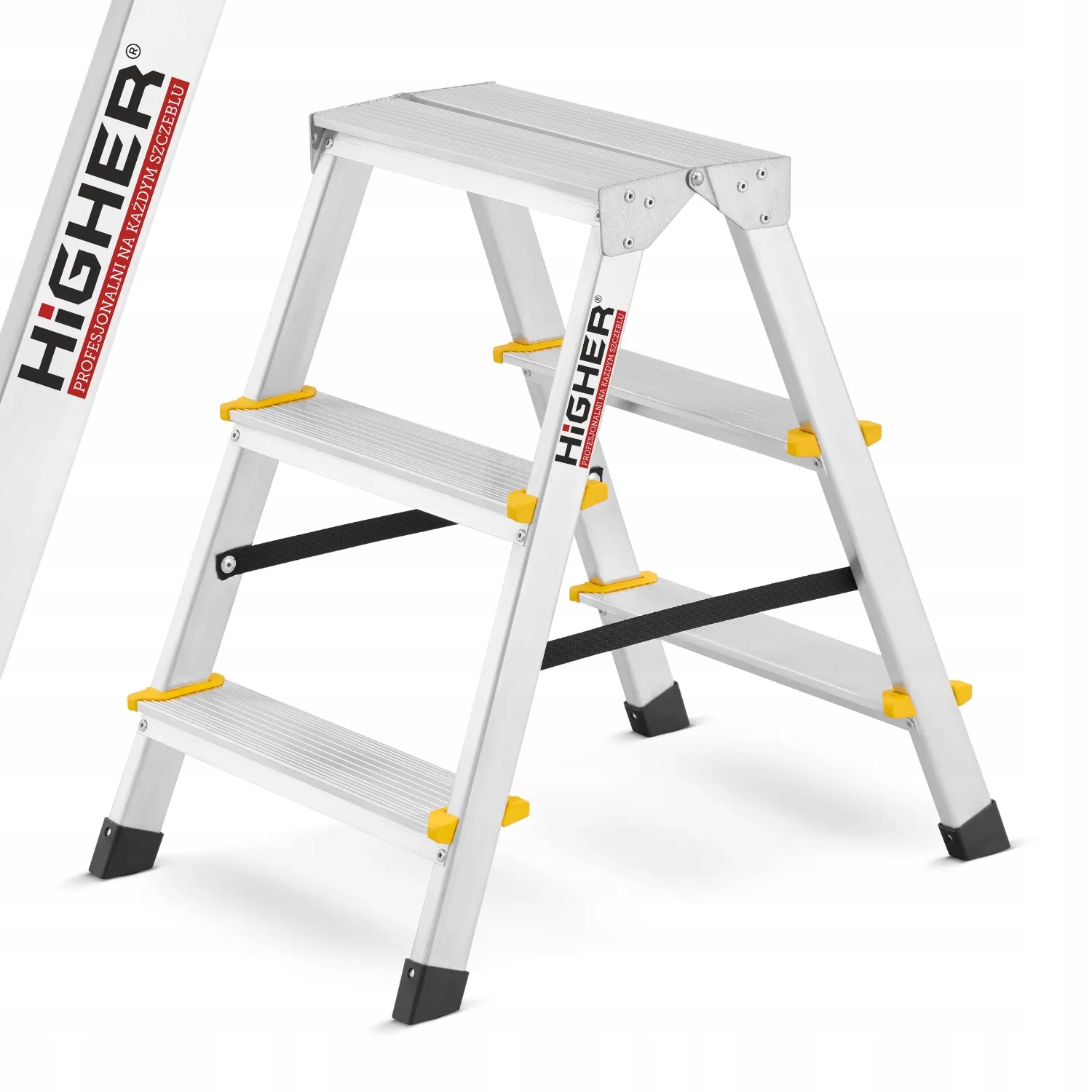 Žebřík, oboustranný, skládací, Higher, 2 x 3 stupně, stolička
