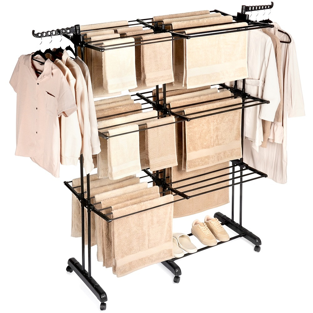 Vertikální sušák na prádlo, oblečení, prádlo, kovový, černý, velký, XXL