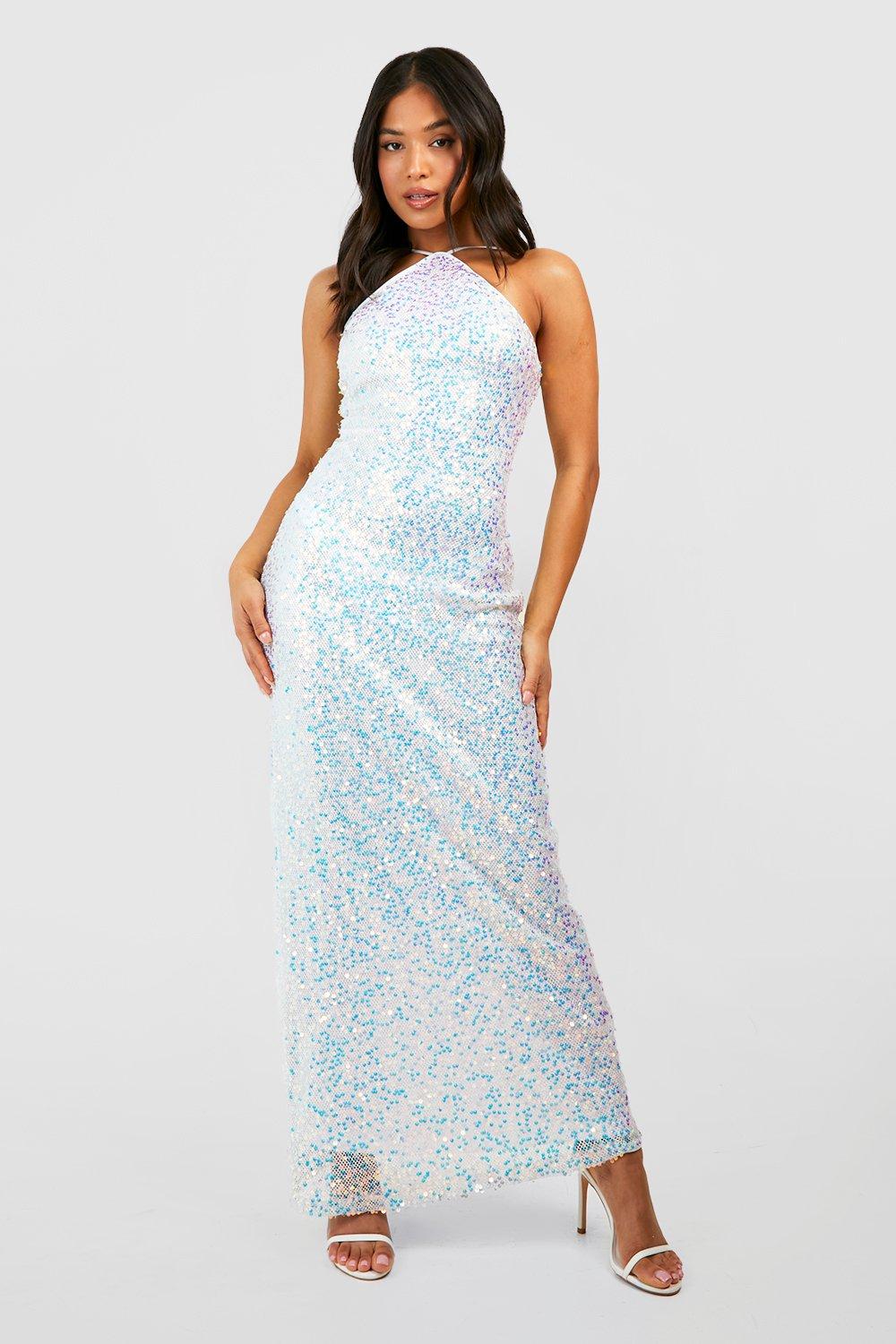 Šaty Flitrové Tužkové Maxi Halter Bílé Boohoo XL 42