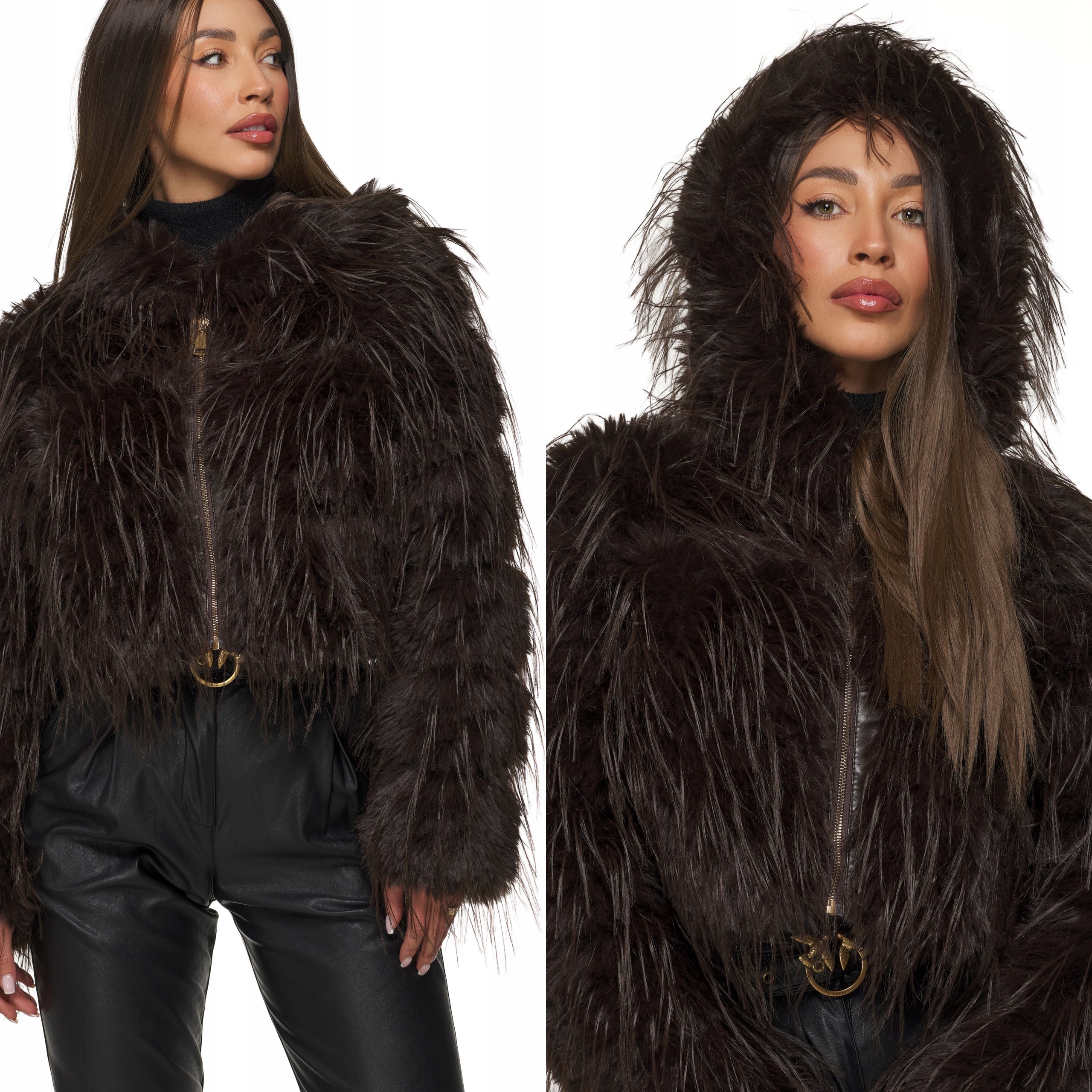 Dámská Zimní Bunda s kapucí a kožešinovým kožíšek z peří, hnědá, čokoládová, M/L