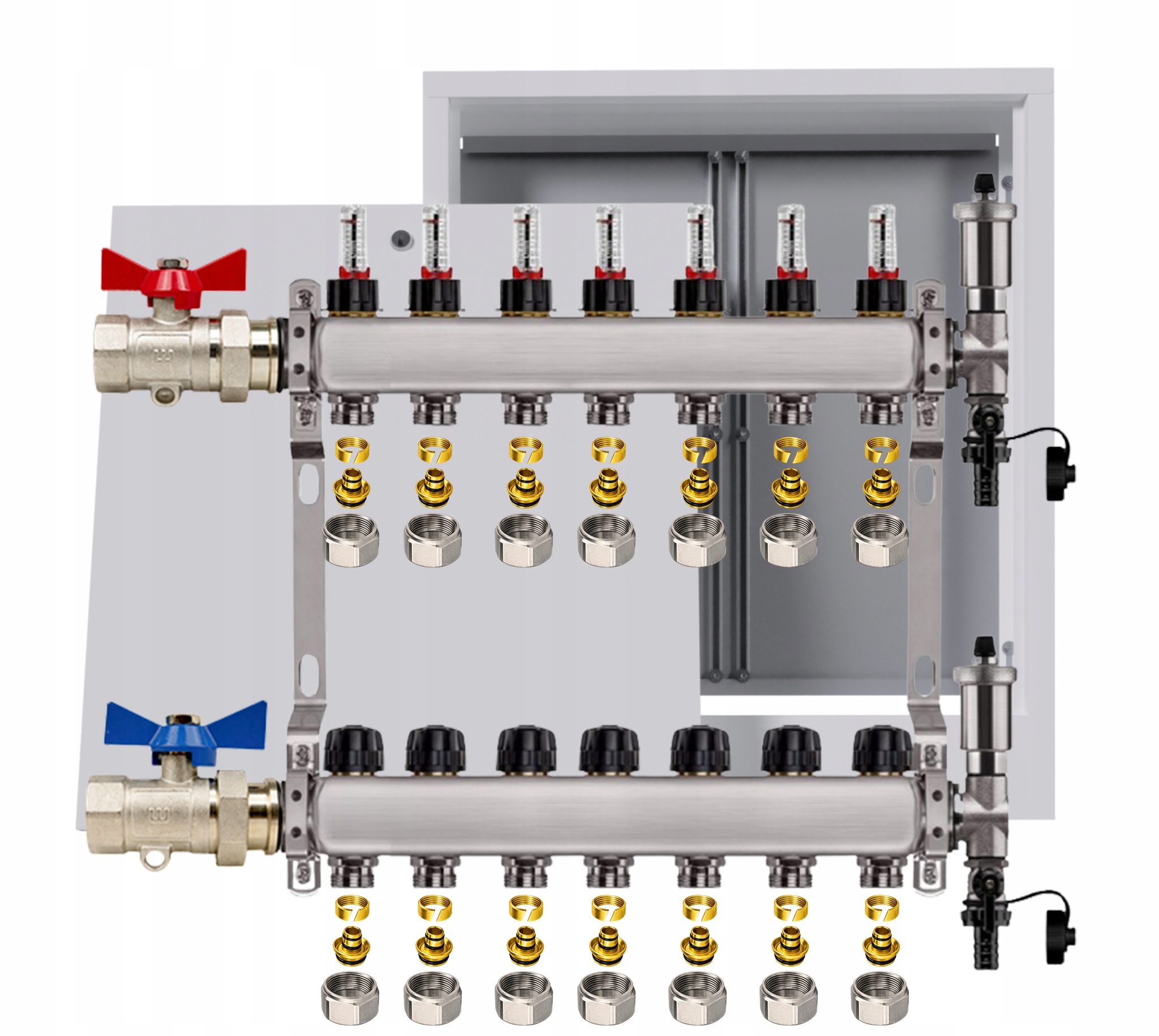 Nerezový rozdělovač pro podlahu 7 okruhů nástěnná skříňka Pex