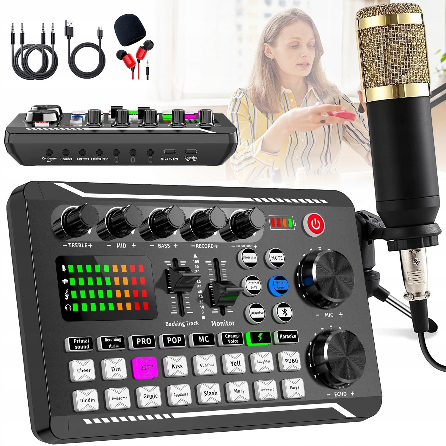 Sada Pro Podcasty Mikrofon Zvuková Karta Mixážní Pult Stativ Sada 1200MAH