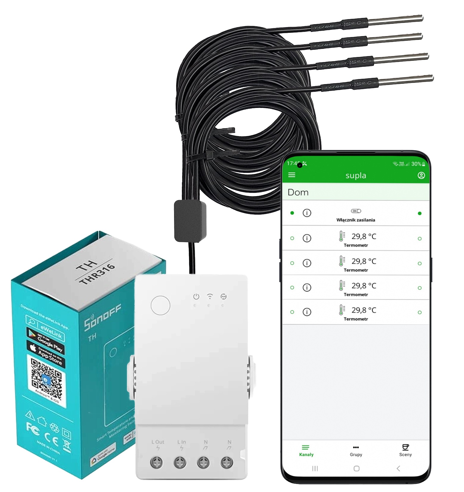 Czujnik Temperatury Termostat WiFi Wgrana Supla Sonoff THR316 DS18B20 4x2mb