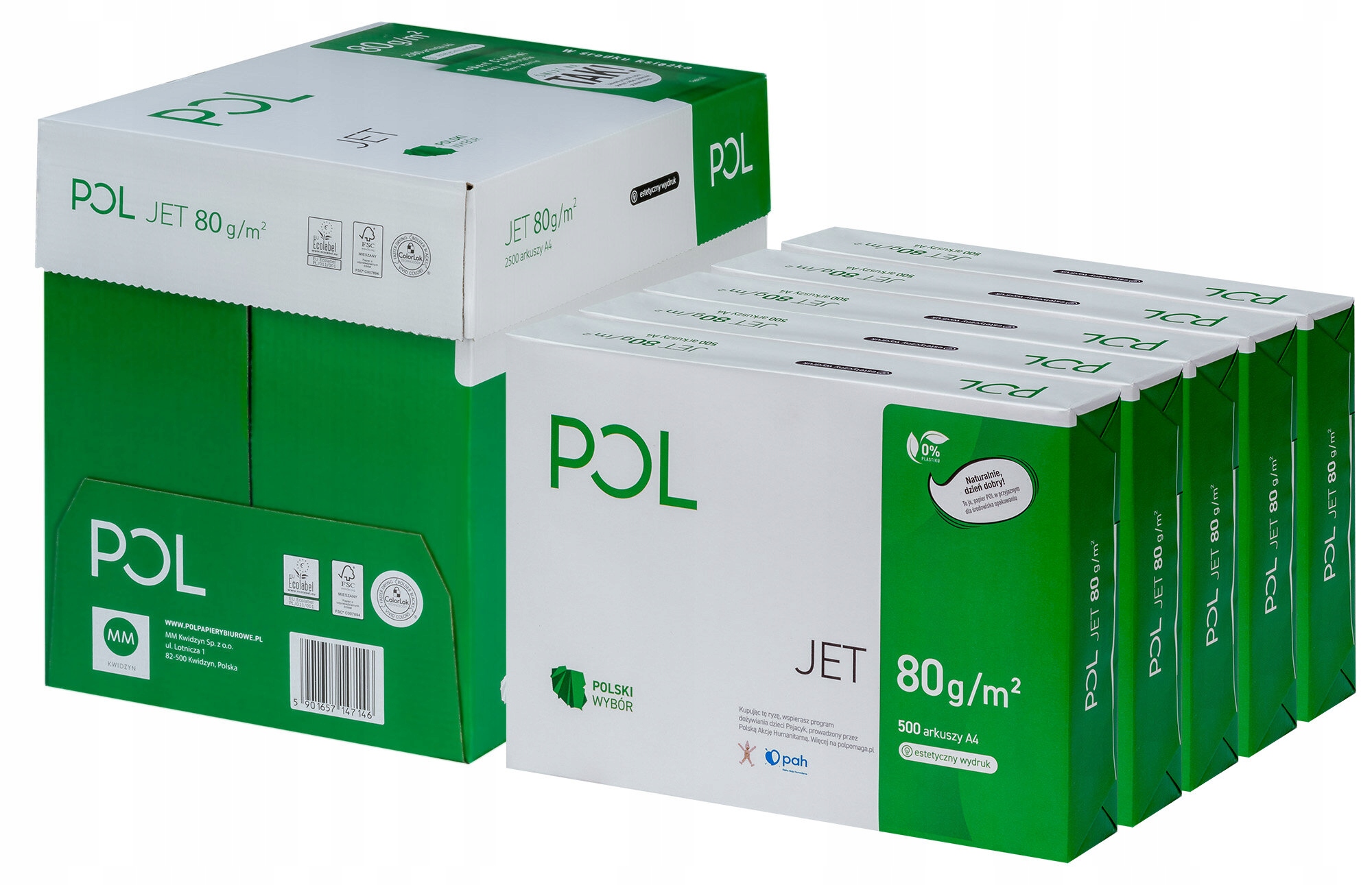 Papier biurowy biały ksero do drukarki POLjet A4, 80g, 2500 arkuszy, 5 ryz