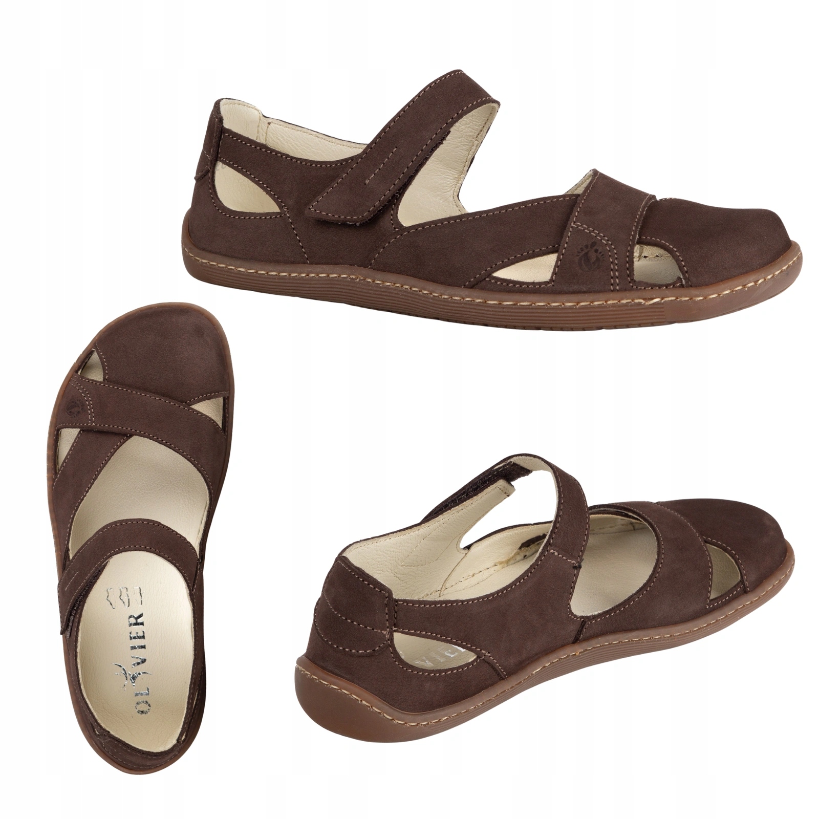 Dámské barefoot kožené sandály Olivier Clariss na suchý zip, hnědé, velikost 36