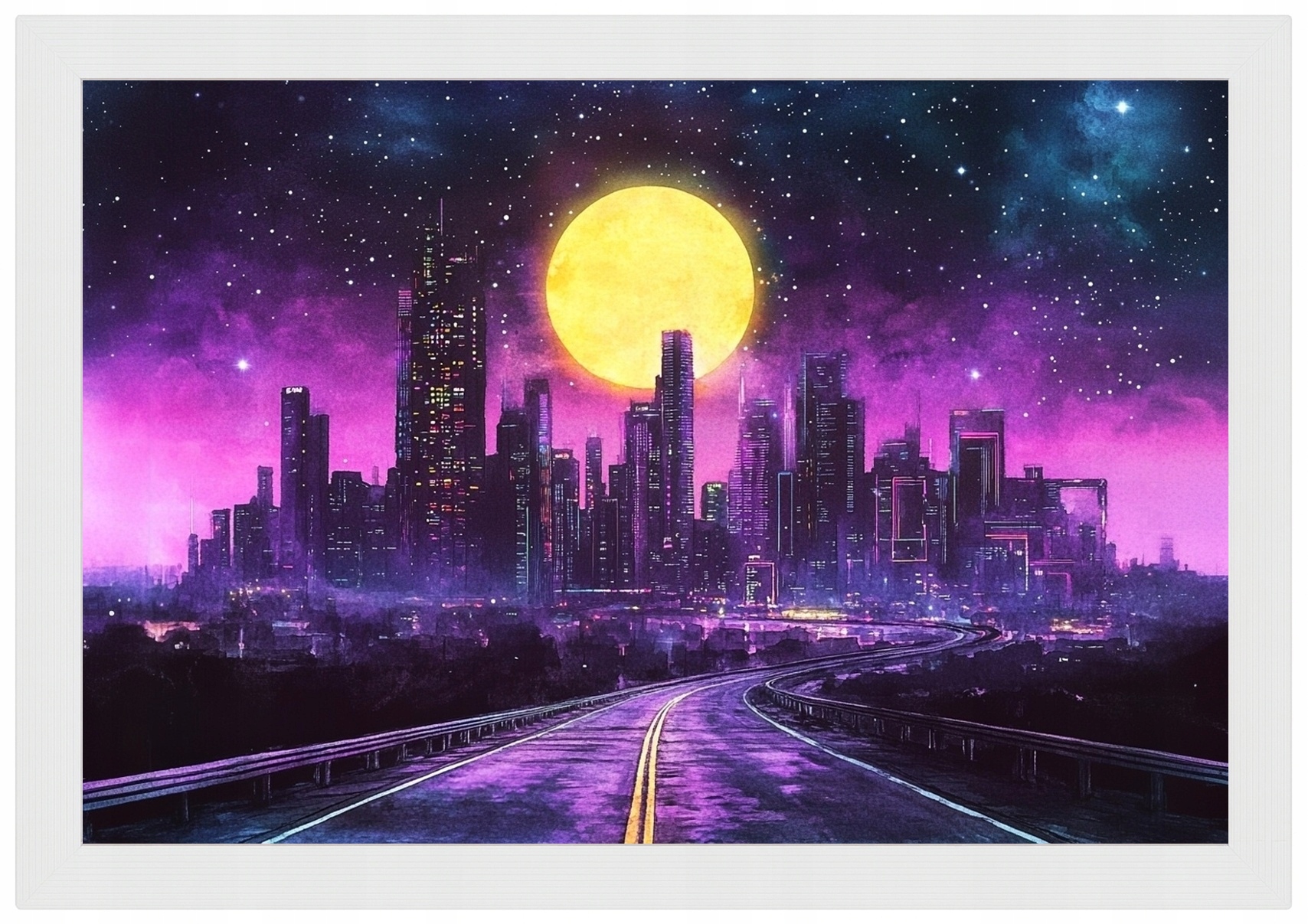 Plakát Rámeček Na Plakát Cyberpunk Synthwave City Mrakodrapy Road 60x40