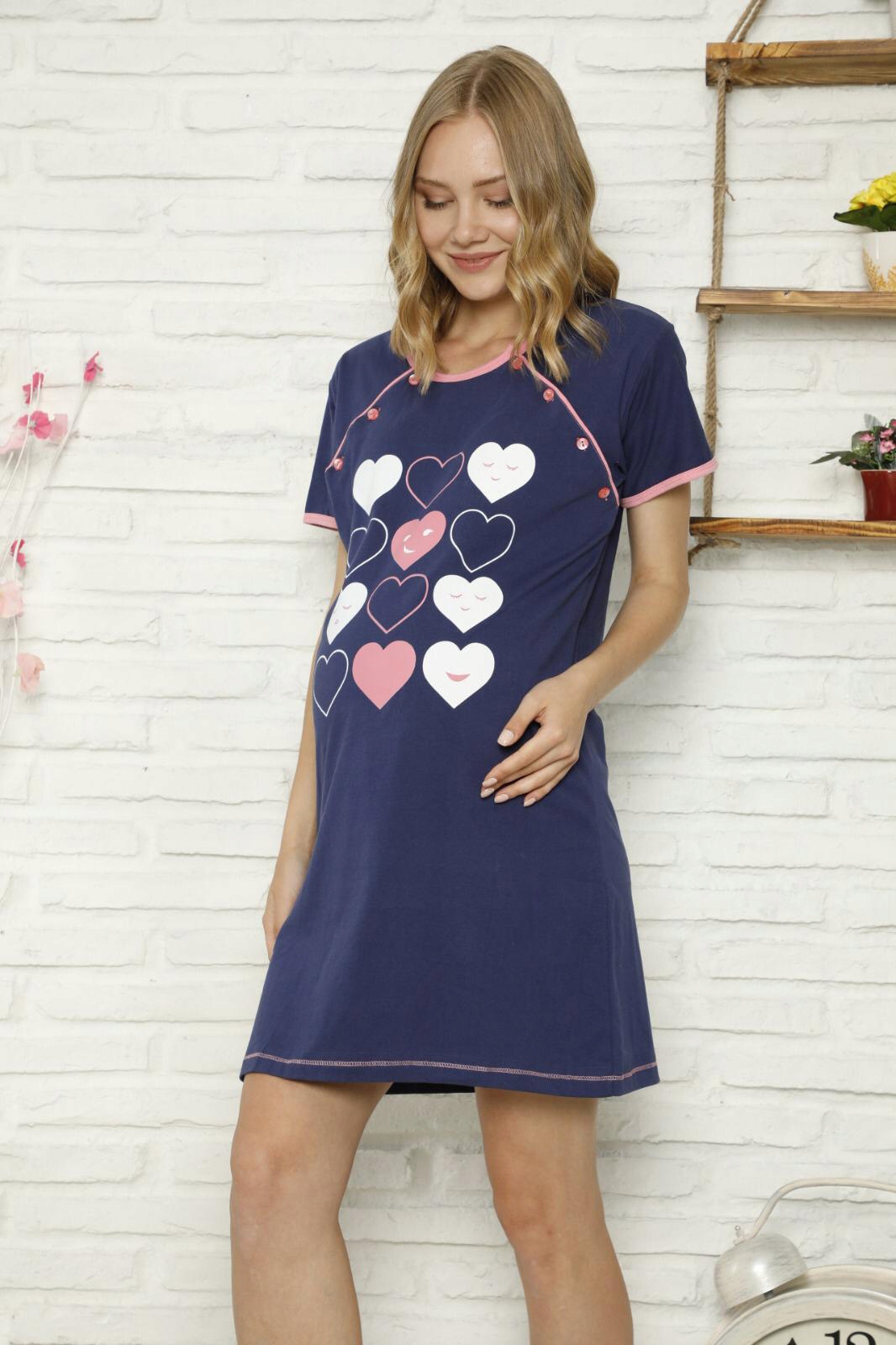 KOSZULA NOCNA CIĄŻOWA DO KARMIENIA DO PORODU SERDUSZKA XL Model 12 SERC Z RÓŻEM