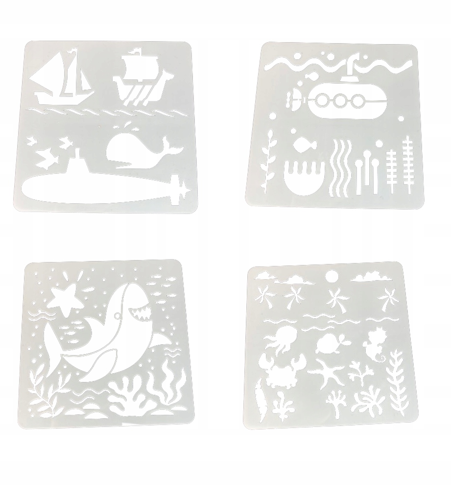 SZABLONY DO RYSOWANIA MALOWANIA DEKORACJI 16 SZTUK ŁODZIE MORZE RYBY Stan opakowania oryginalne