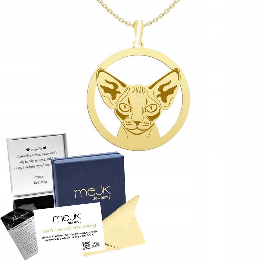 Zlatý náhrdelník s kočkou Devon Rex 925 Řetízek Žena Dárek Gravírování