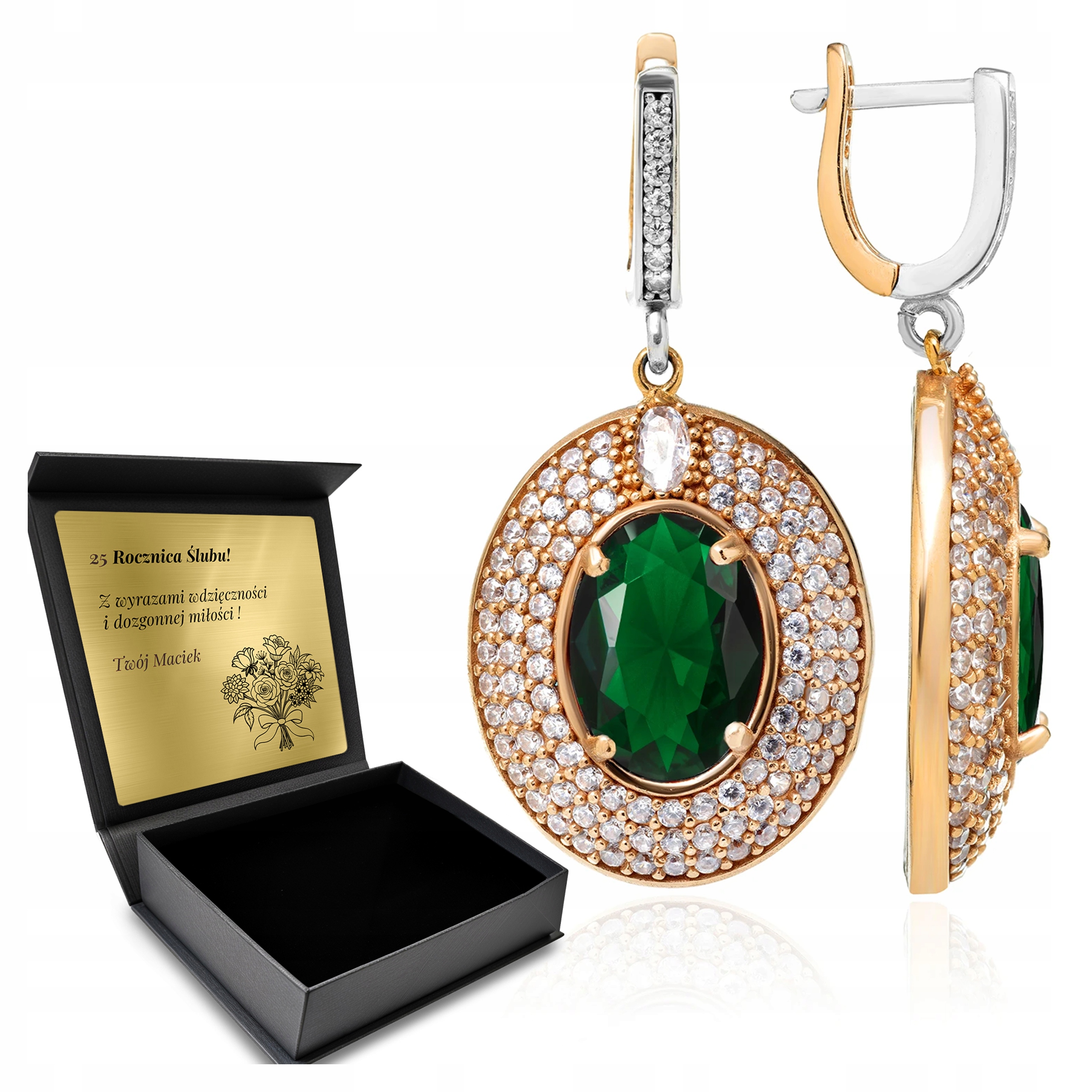 Stříbrné Náušnice 925 Zirkony A Smaragd Šperky Pro Ženy Gravírování