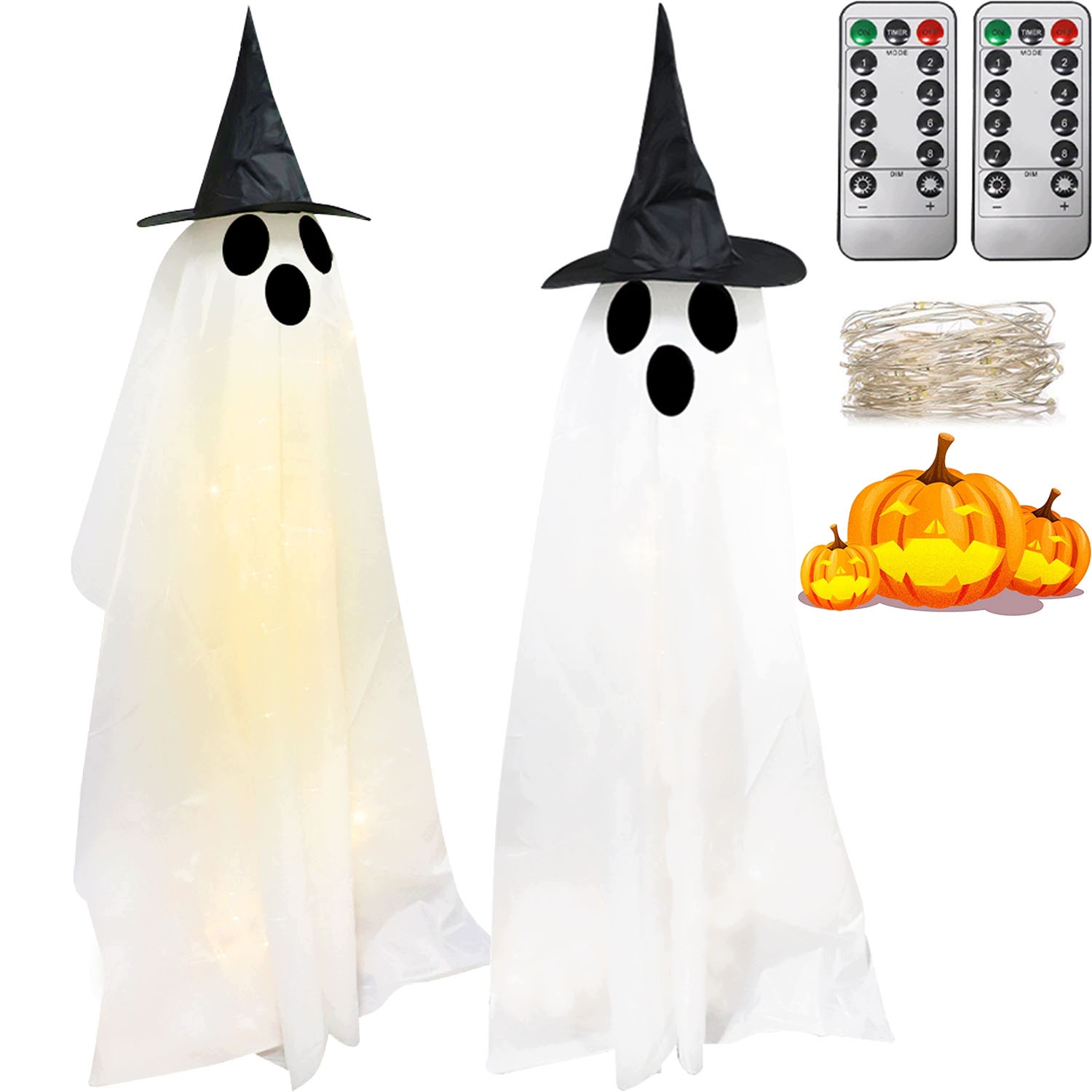 Strašidelný Led Duch s čepicemi 2x Svítící dekorace na Halloween Pilot Timer