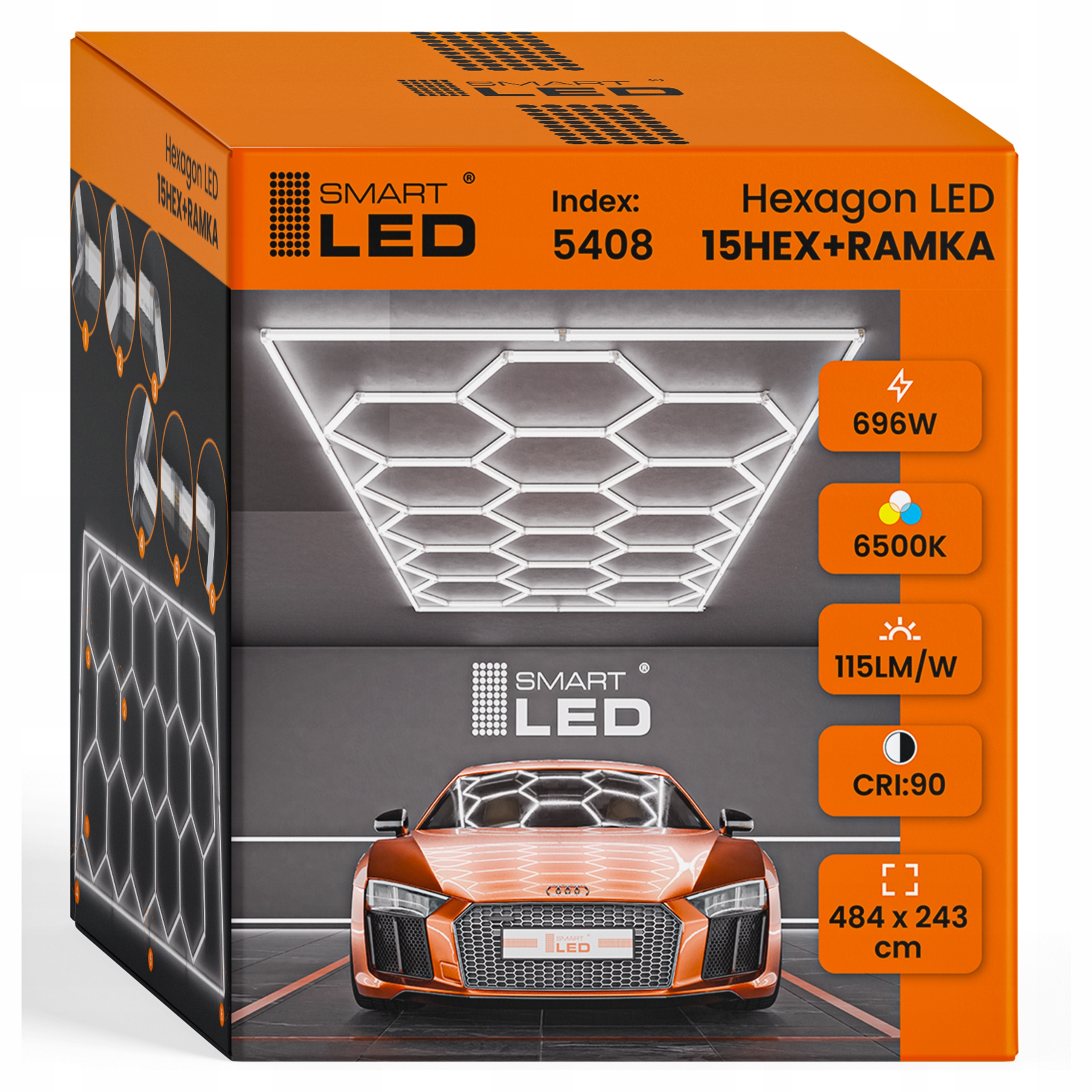 LED sešstūra griestu paneļa apgaismojums garāžas darbnīcai 484 x 243 cm