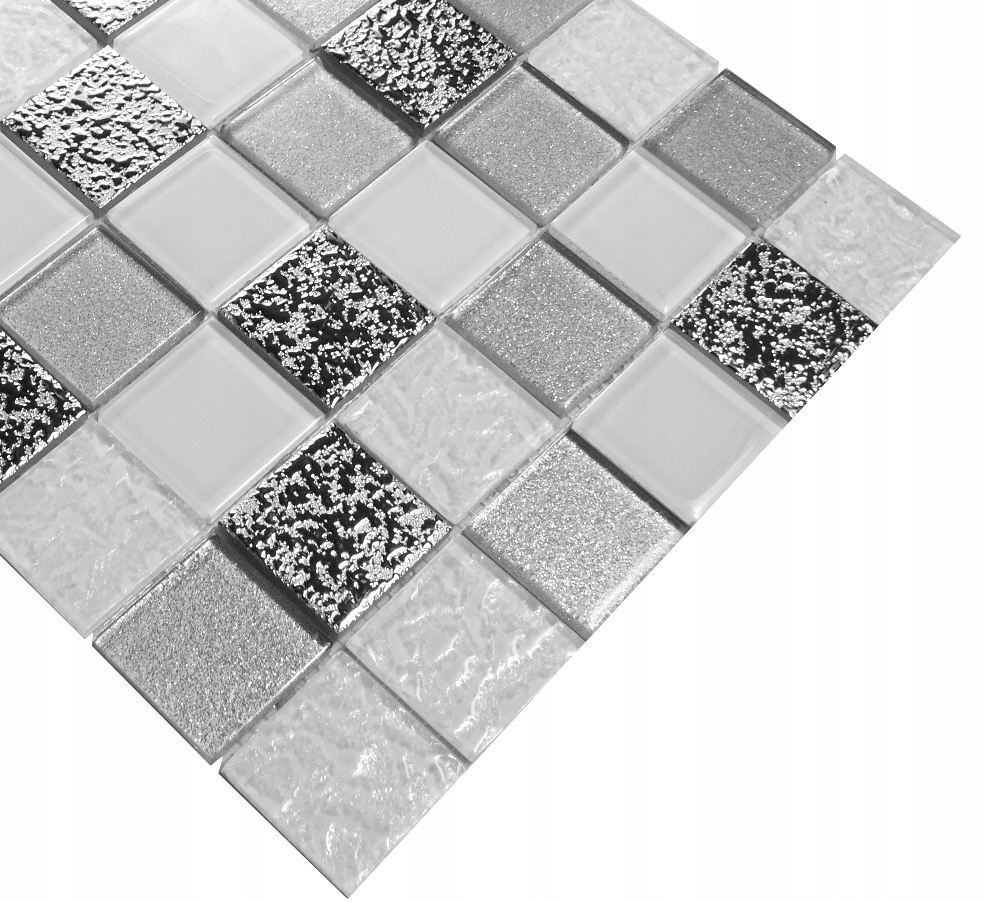 Mozaika szklana srebrna biała SILVER STONE, płytka Wykończenie błyszczące