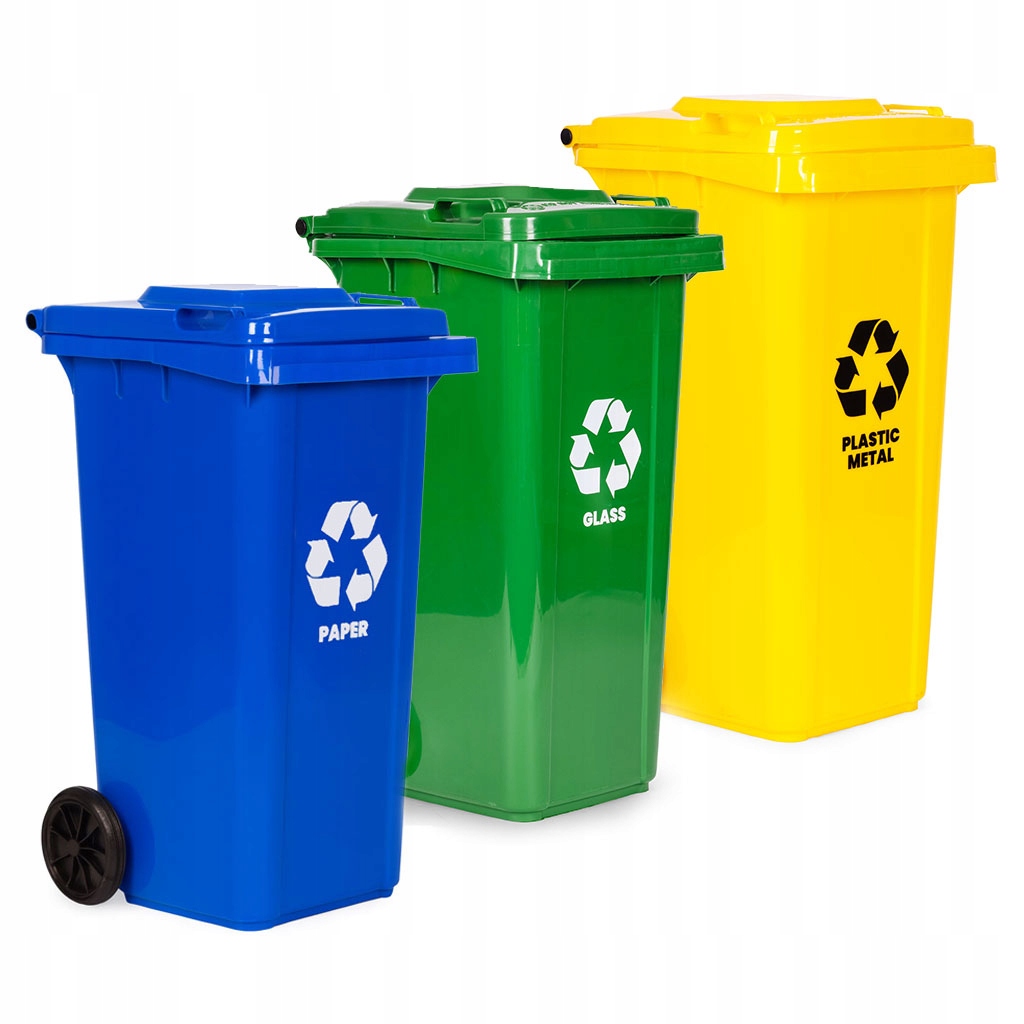 Sada 3 odpadkových košů, nádoby 3x120 l, modrý zelený žlutý recyklovaný materiál