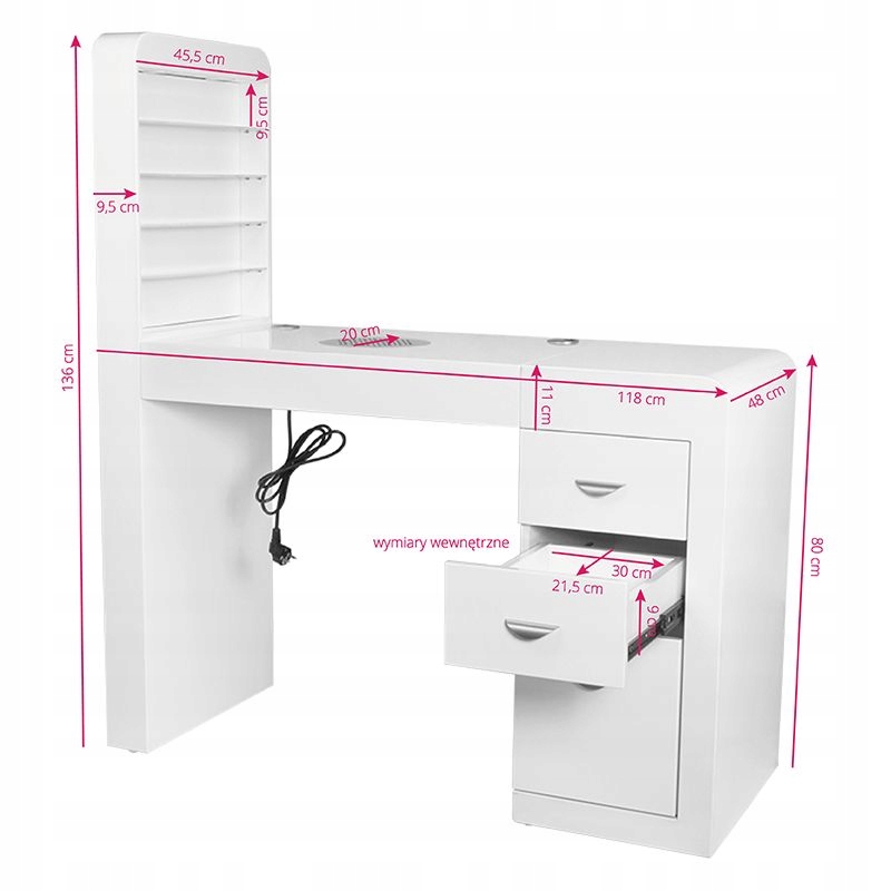 Kosmetický stůl 310 s kazetovým absorbérem, bílý, pravý