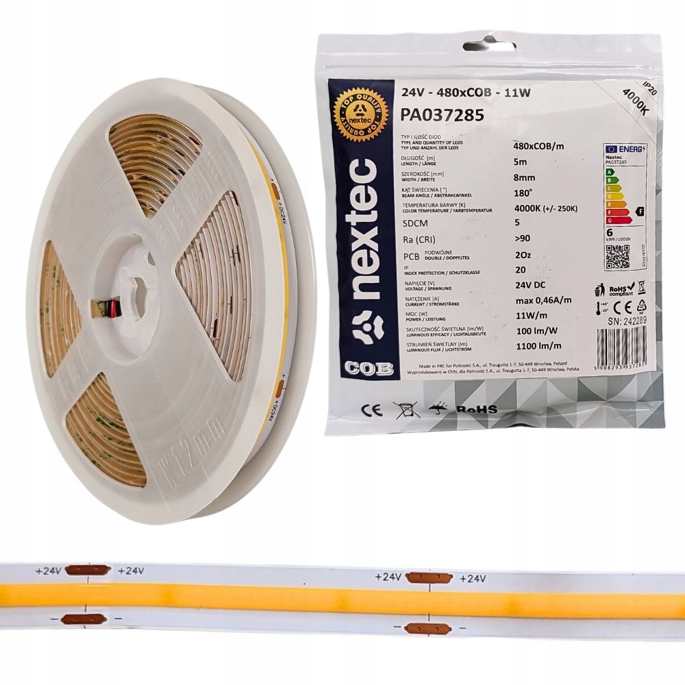 Taśma Led Cob 24V 5m 11W/m 1100lm/m 4000K neutralna IP20 wewnętrzna Nextec